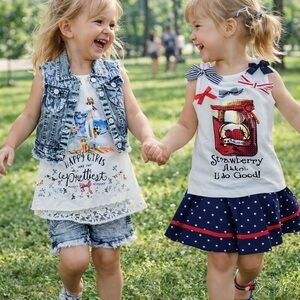 3T Matching Outfit Sets | Shirt & Denim Shorts + Shirt & Skirt w/ Headband | NEW